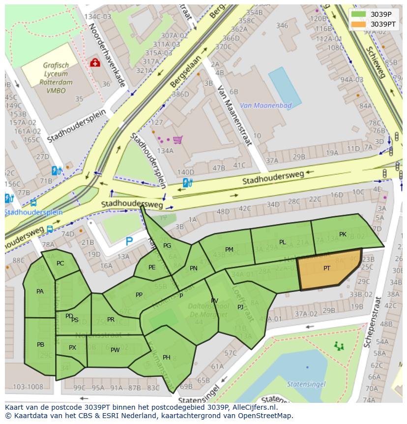 Afbeelding van het postcodegebied 3039 PT op de kaart.