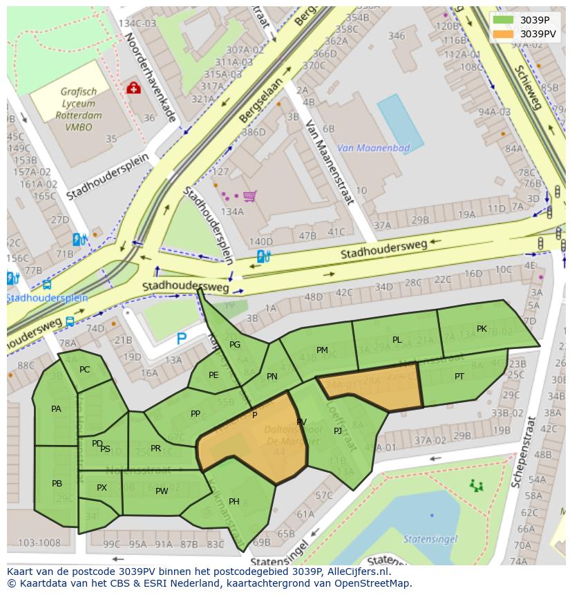 Afbeelding van het postcodegebied 3039 PV op de kaart.