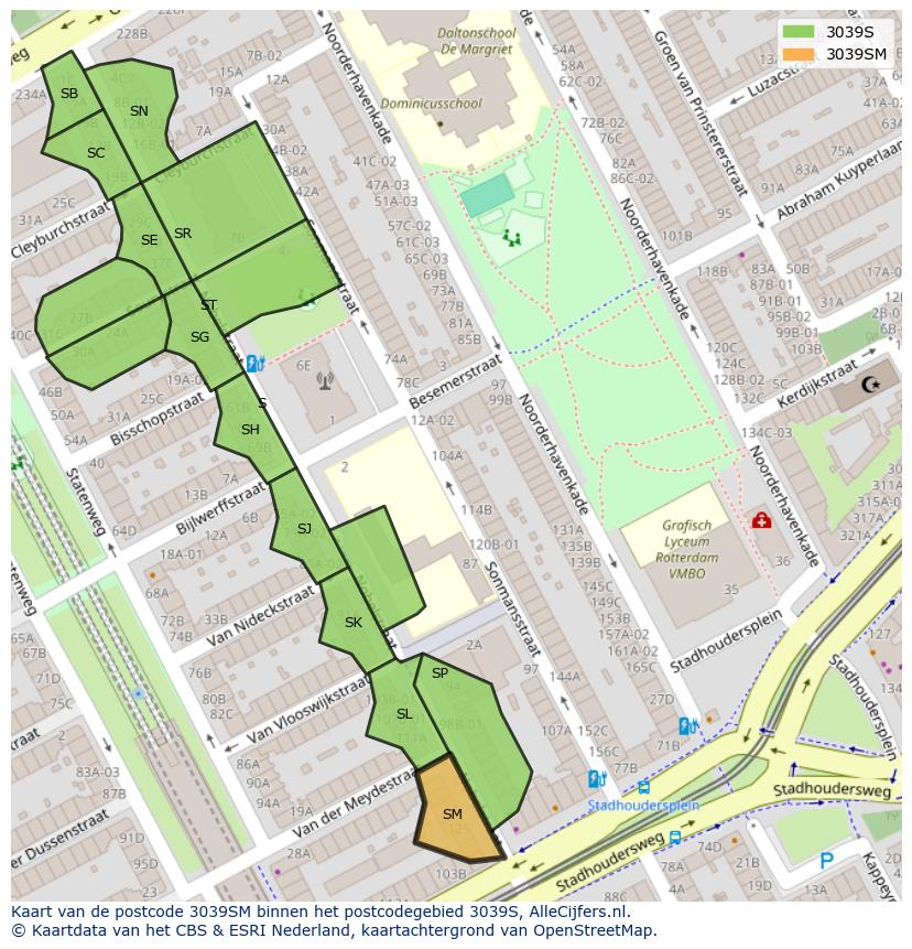Afbeelding van het postcodegebied 3039 SM op de kaart.