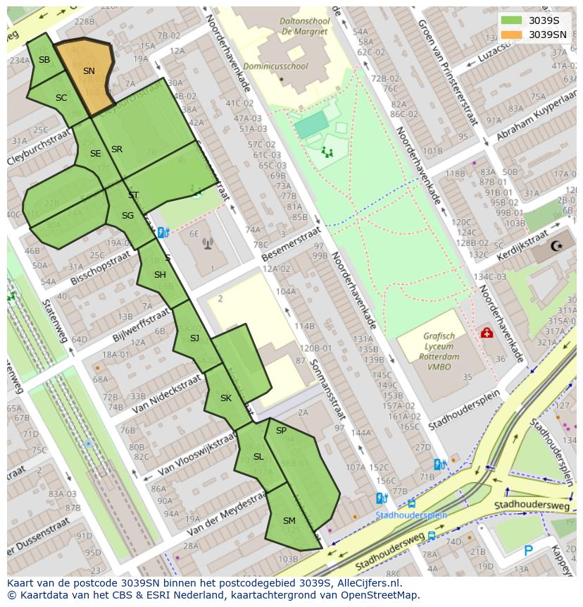Afbeelding van het postcodegebied 3039 SN op de kaart.