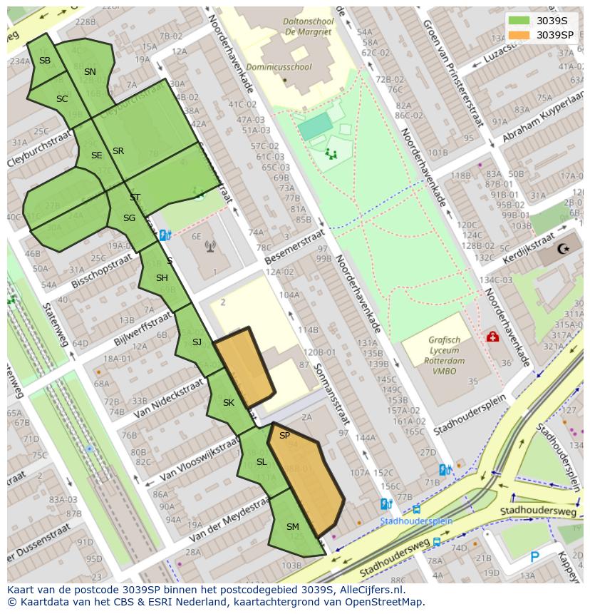 Afbeelding van het postcodegebied 3039 SP op de kaart.