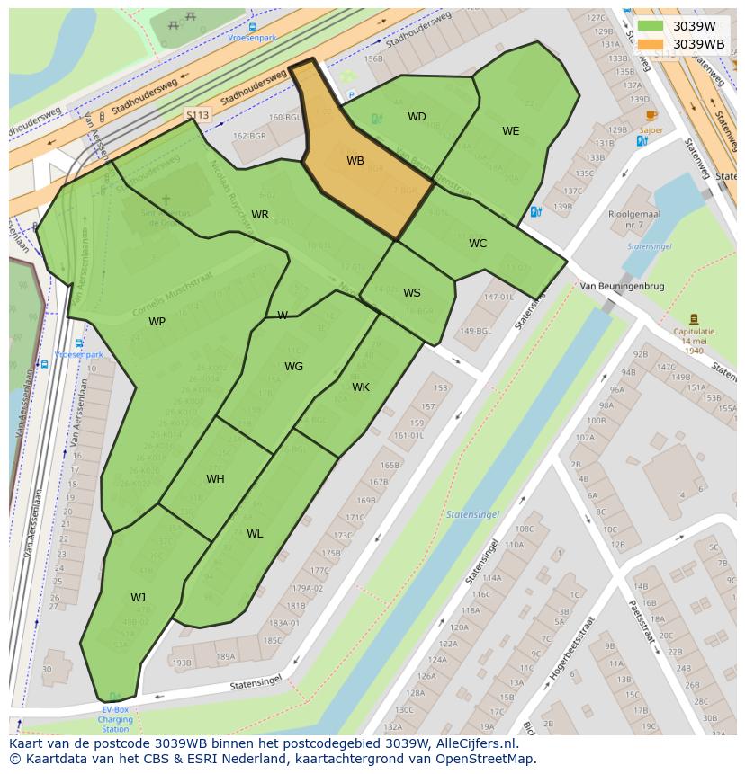 Afbeelding van het postcodegebied 3039 WB op de kaart.