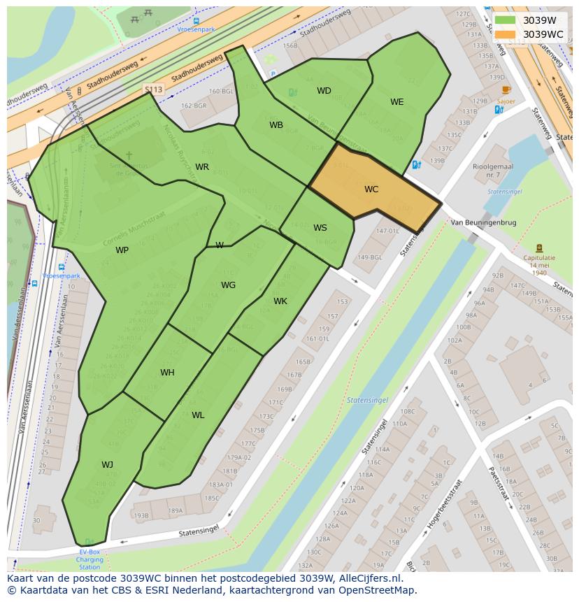 Afbeelding van het postcodegebied 3039 WC op de kaart.