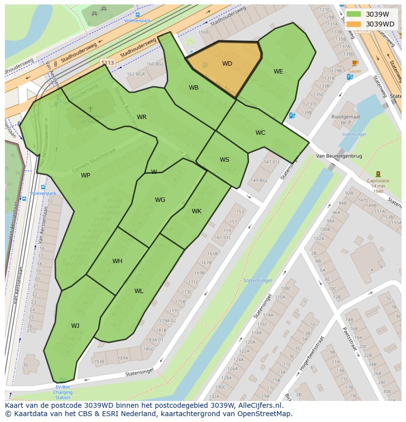 Afbeelding van het postcodegebied 3039 WD op de kaart.