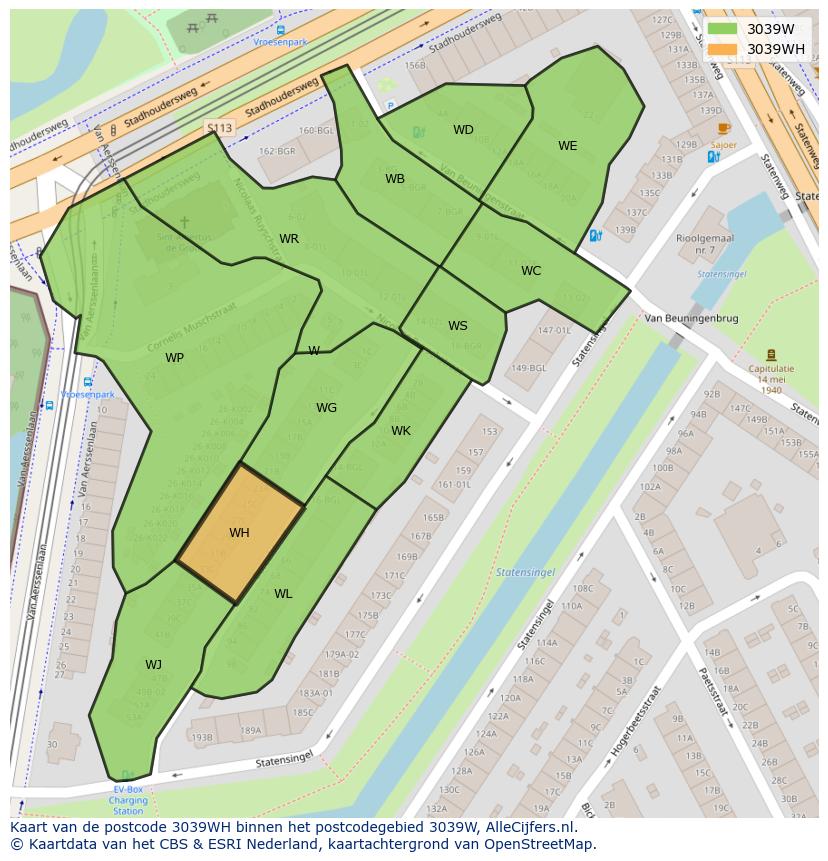 Afbeelding van het postcodegebied 3039 WH op de kaart.