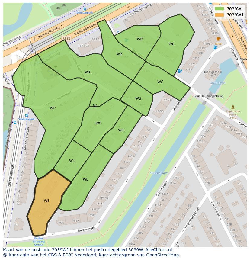 Afbeelding van het postcodegebied 3039 WJ op de kaart.