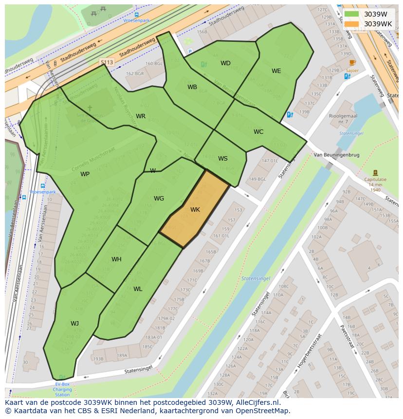 Afbeelding van het postcodegebied 3039 WK op de kaart.