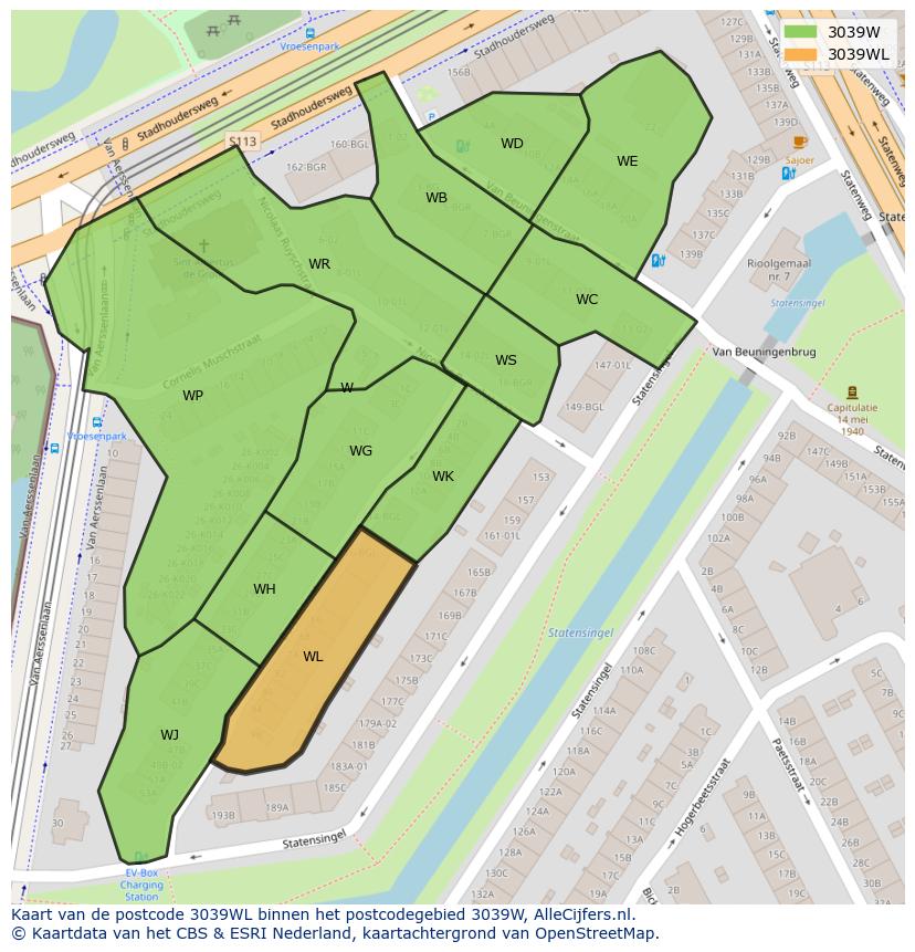 Afbeelding van het postcodegebied 3039 WL op de kaart.