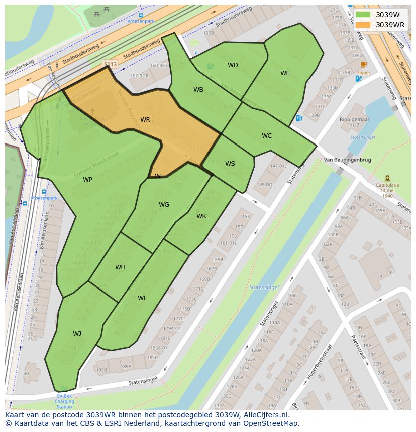 Afbeelding van het postcodegebied 3039 WR op de kaart.