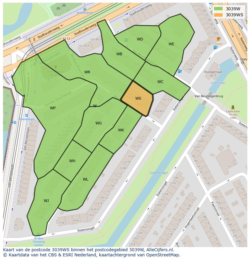 Afbeelding van het postcodegebied 3039 WS op de kaart.