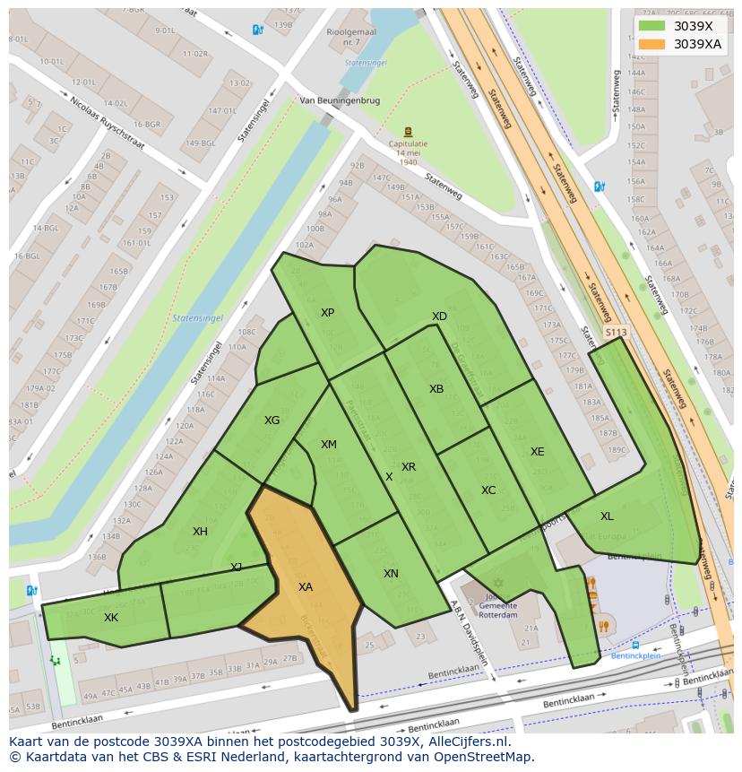 Afbeelding van het postcodegebied 3039 XA op de kaart.
