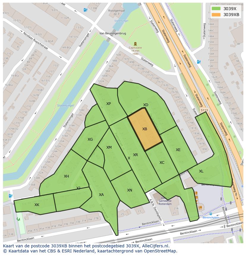 Afbeelding van het postcodegebied 3039 XB op de kaart.