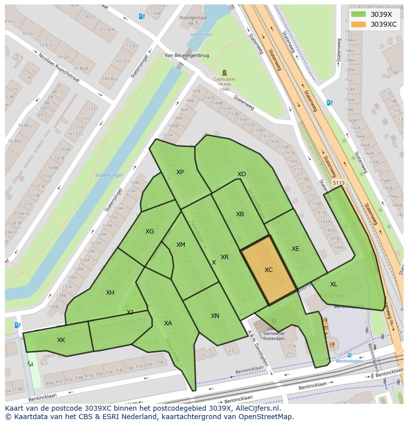 Afbeelding van het postcodegebied 3039 XC op de kaart.