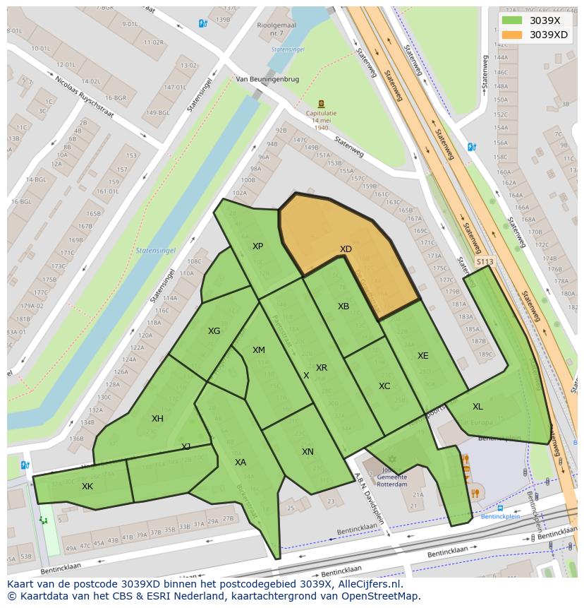 Afbeelding van het postcodegebied 3039 XD op de kaart.