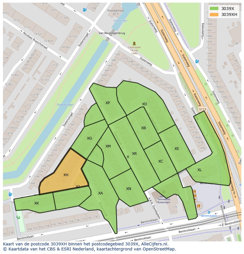 Afbeelding van het postcodegebied 3039 XH op de kaart.