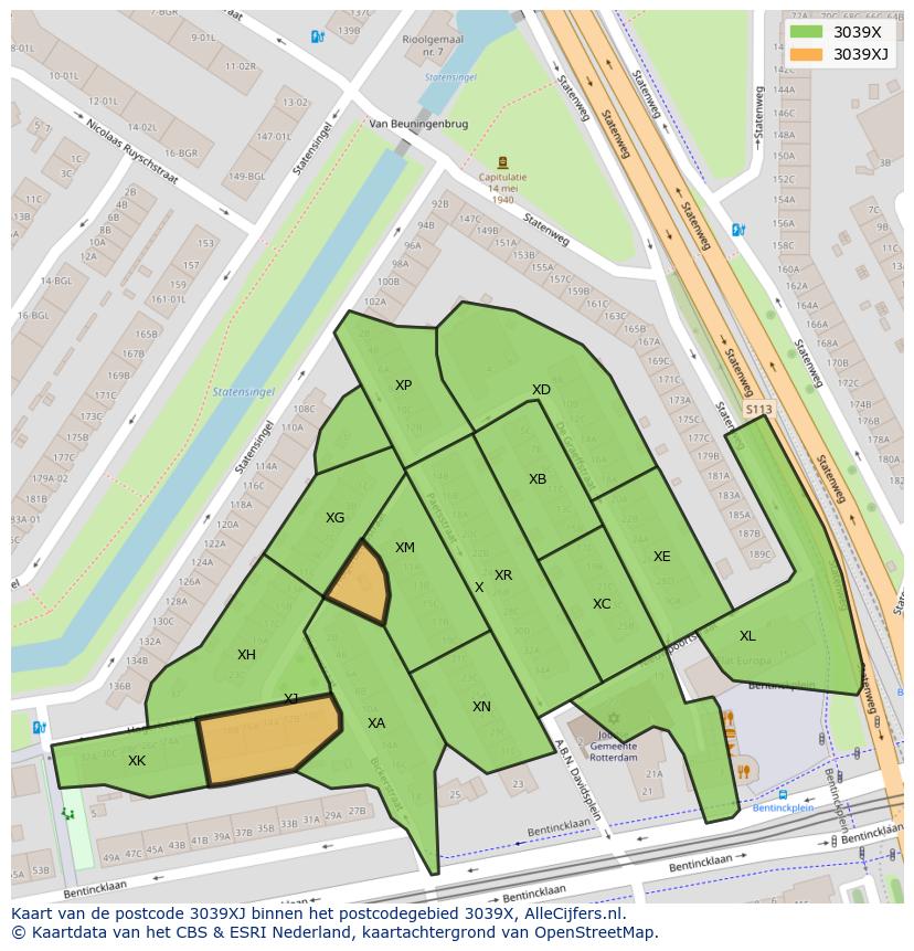 Afbeelding van het postcodegebied 3039 XJ op de kaart.
