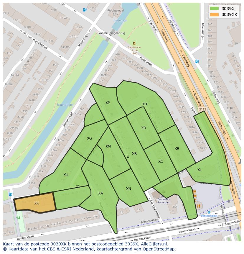 Afbeelding van het postcodegebied 3039 XK op de kaart.