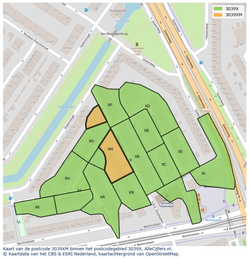 Afbeelding van het postcodegebied 3039 XM op de kaart.