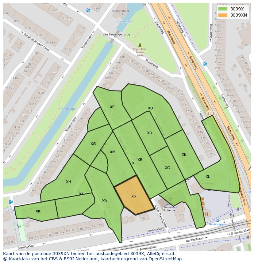 Afbeelding van het postcodegebied 3039 XN op de kaart.