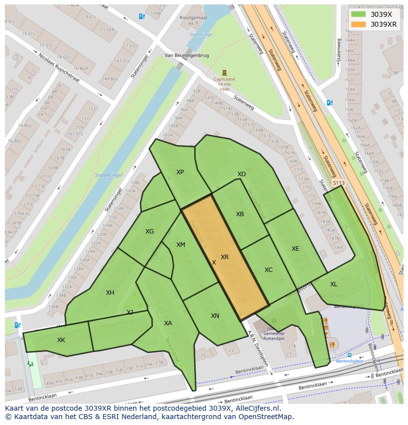 Afbeelding van het postcodegebied 3039 XR op de kaart.