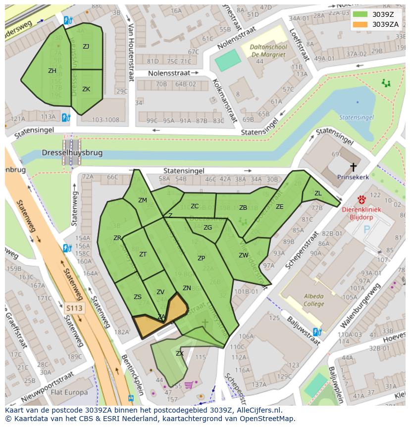 Afbeelding van het postcodegebied 3039 ZA op de kaart.