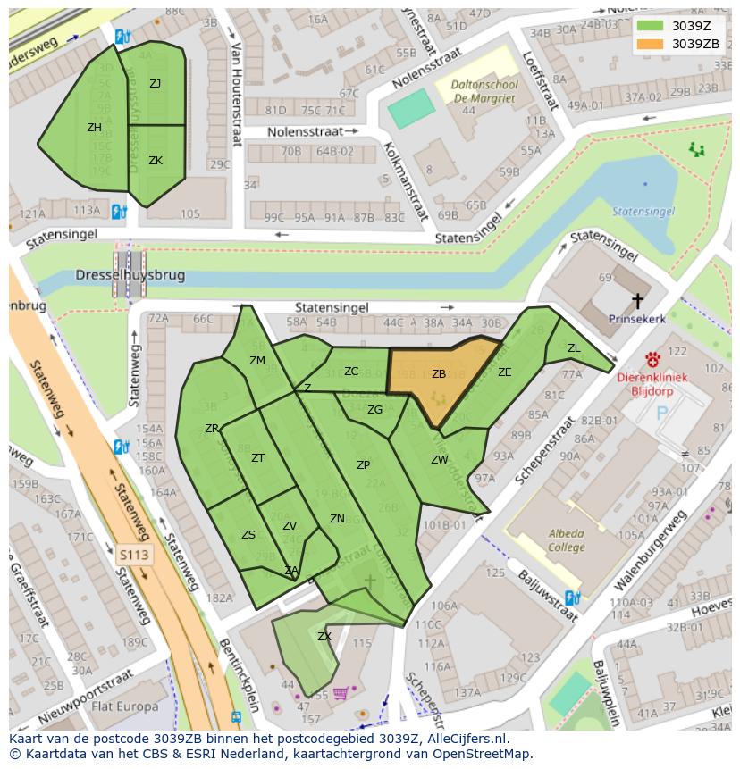 Afbeelding van het postcodegebied 3039 ZB op de kaart.
