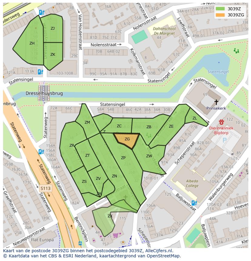 Afbeelding van het postcodegebied 3039 ZG op de kaart.