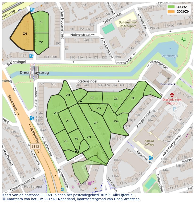 Afbeelding van het postcodegebied 3039 ZH op de kaart.