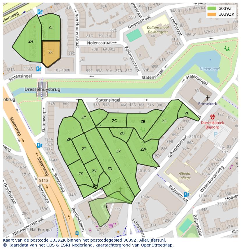 Afbeelding van het postcodegebied 3039 ZK op de kaart.