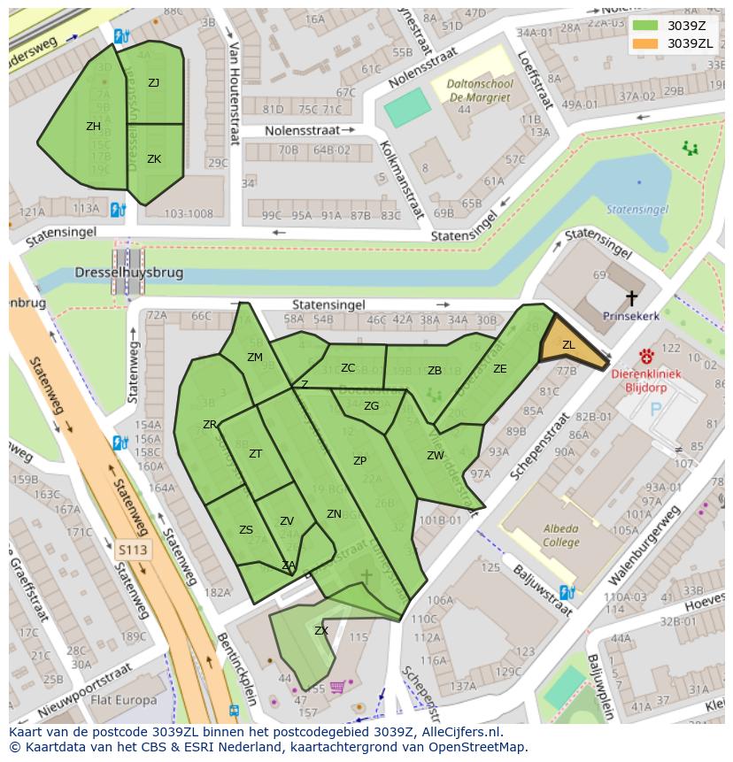 Afbeelding van het postcodegebied 3039 ZL op de kaart.