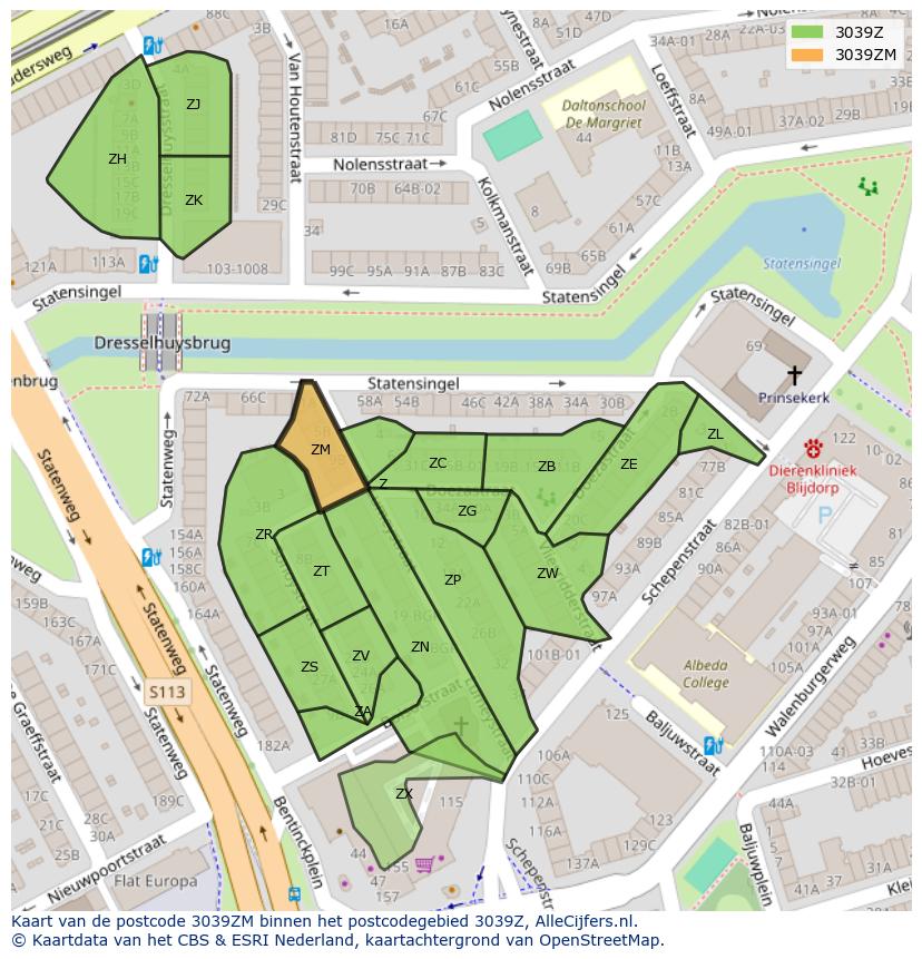 Afbeelding van het postcodegebied 3039 ZM op de kaart.