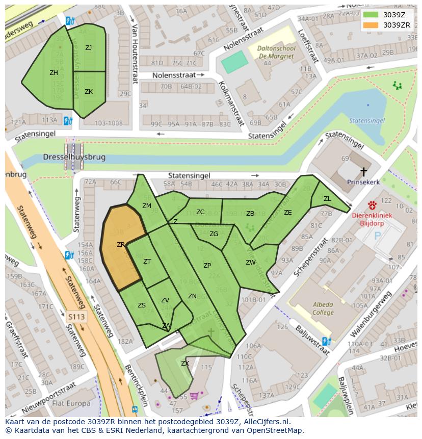 Afbeelding van het postcodegebied 3039 ZR op de kaart.