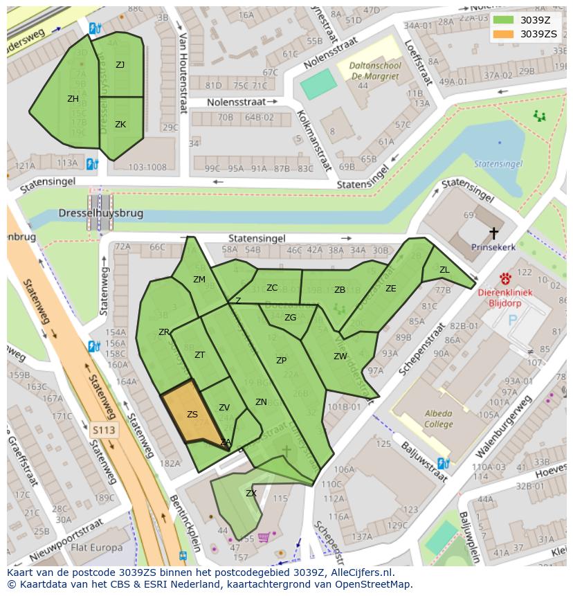 Afbeelding van het postcodegebied 3039 ZS op de kaart.