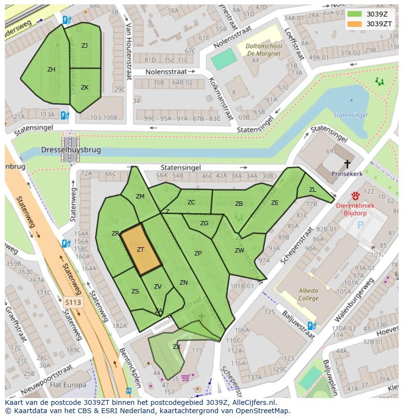 Afbeelding van het postcodegebied 3039 ZT op de kaart.