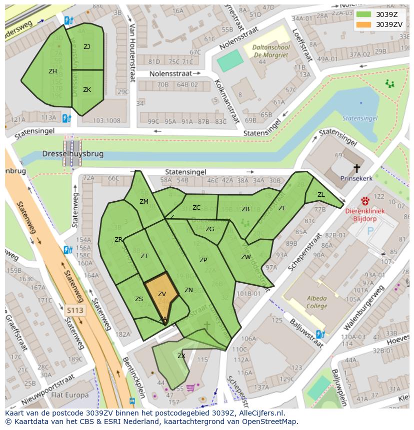 Afbeelding van het postcodegebied 3039 ZV op de kaart.