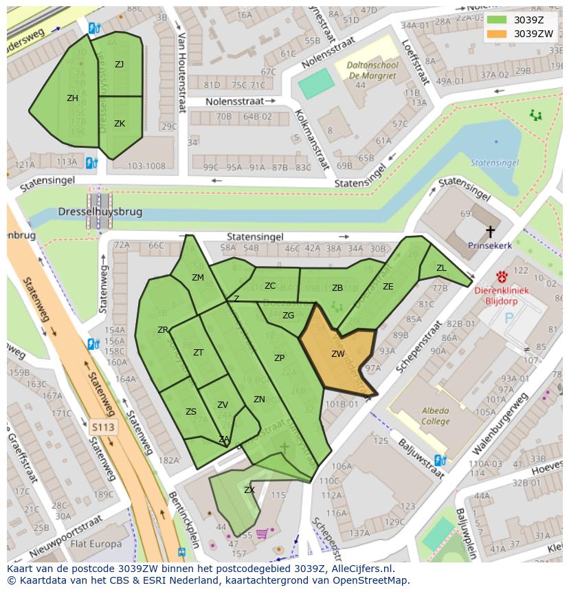 Afbeelding van het postcodegebied 3039 ZW op de kaart.