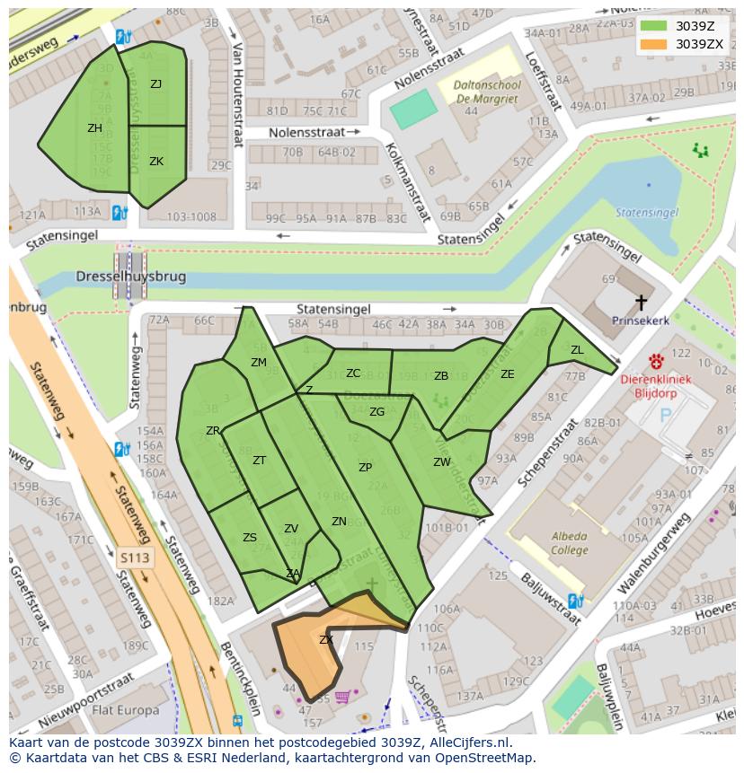 Afbeelding van het postcodegebied 3039 ZX op de kaart.