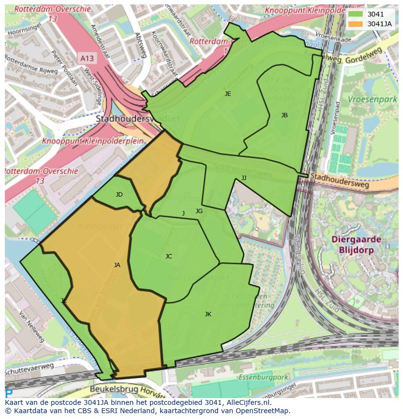 Afbeelding van het postcodegebied 3041 JA op de kaart.