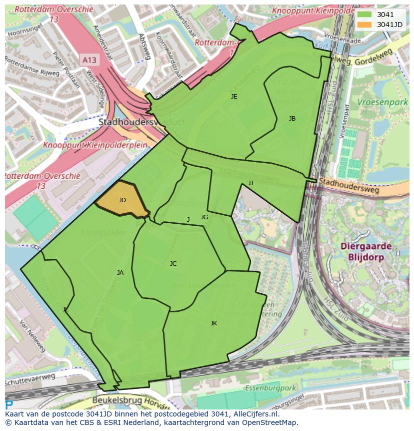 Afbeelding van het postcodegebied 3041 JD op de kaart.