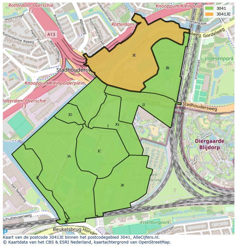 Afbeelding van het postcodegebied 3041 JE op de kaart.