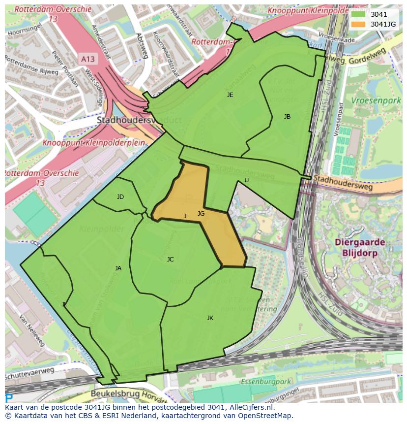 Afbeelding van het postcodegebied 3041 JG op de kaart.