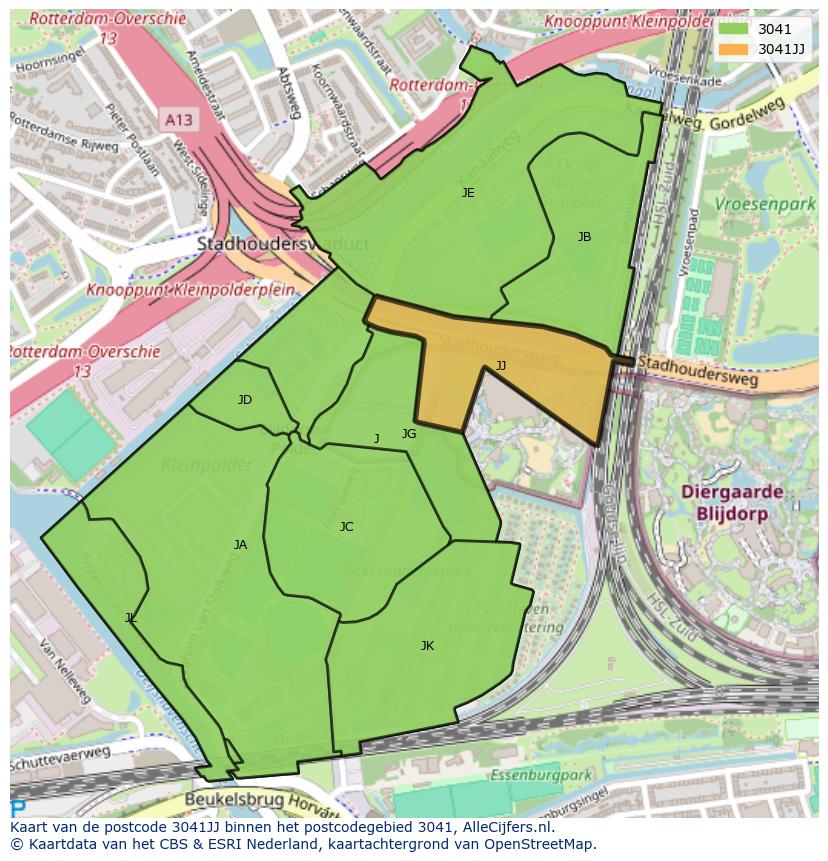 Afbeelding van het postcodegebied 3041 JJ op de kaart.