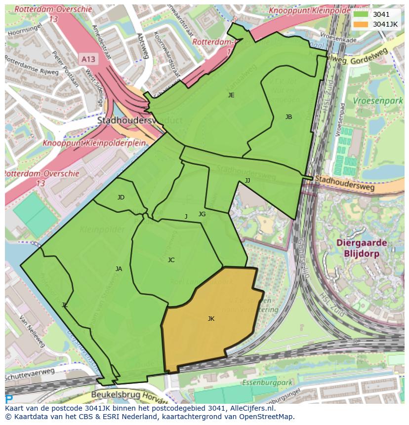 Afbeelding van het postcodegebied 3041 JK op de kaart.