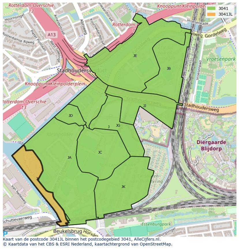 Afbeelding van het postcodegebied 3041 JL op de kaart.
