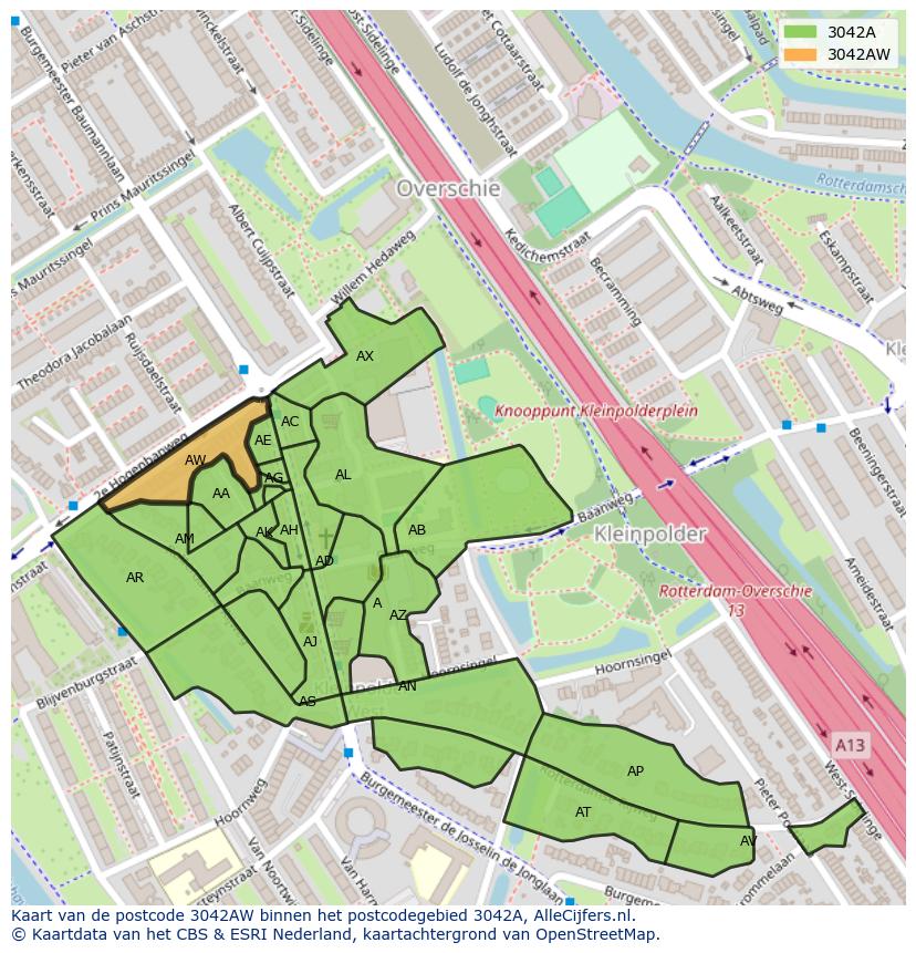 Afbeelding van het postcodegebied 3042 AW op de kaart.