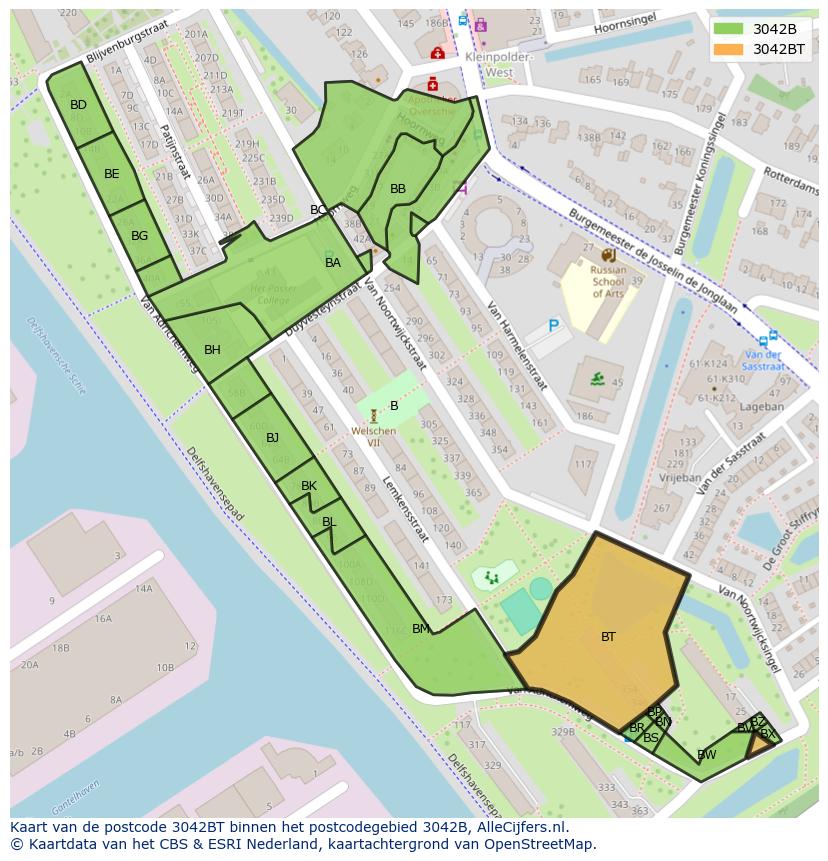 Afbeelding van het postcodegebied 3042 BT op de kaart.