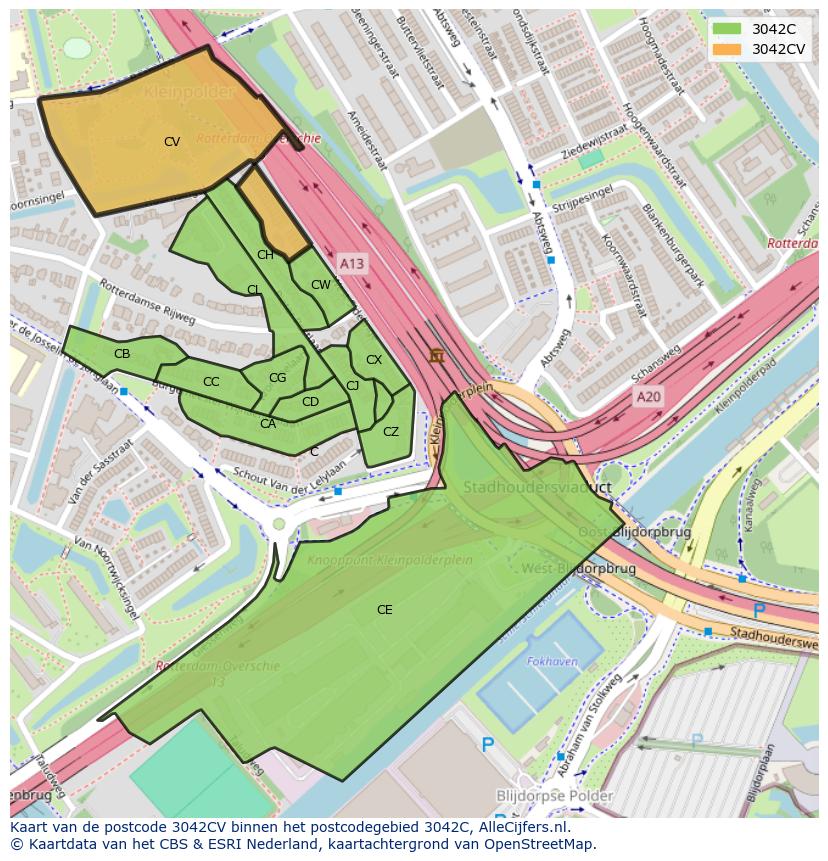 Afbeelding van het postcodegebied 3042 CV op de kaart.