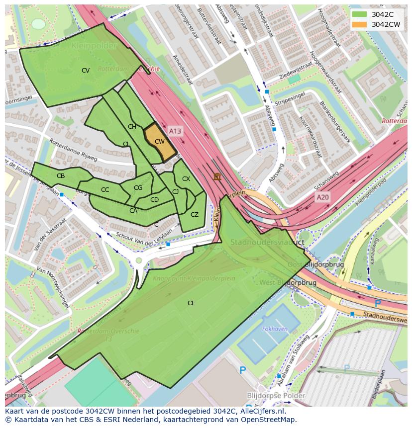Afbeelding van het postcodegebied 3042 CW op de kaart.