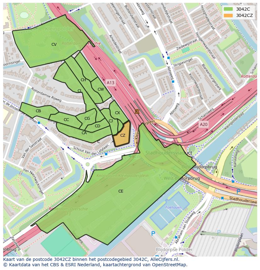 Afbeelding van het postcodegebied 3042 CZ op de kaart.