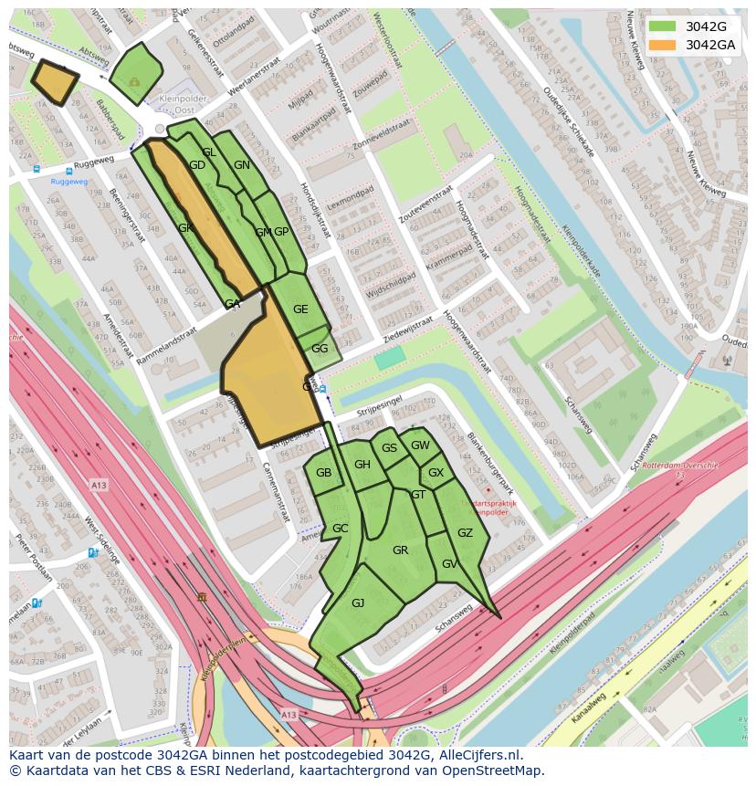 Afbeelding van het postcodegebied 3042 GA op de kaart.
